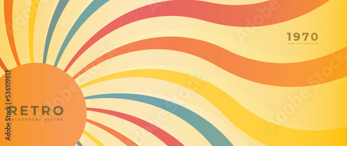 Abstract retro 70s background vector. Colorful vintage 1970 stylish wallpaper with sun ray, wavy lines, curve, circle shapes. Illustration design suitable for poster, banner, decorative, wall art. 