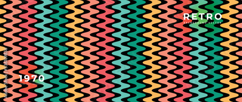 Abstract retro 70s background vector. Colorful vintage 1970 stylish wallpaper with wavy palette, lines, curve, stripes.Trippy illustration design suitable for poster, banner, decorative, wall art. 