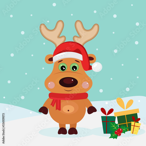 Cute reindeer with gifts on the background of falling snow.