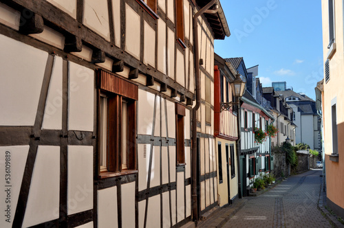A picturesque street with typical old german houses in Königswinter, North Rhine-Westphalia, Germany.