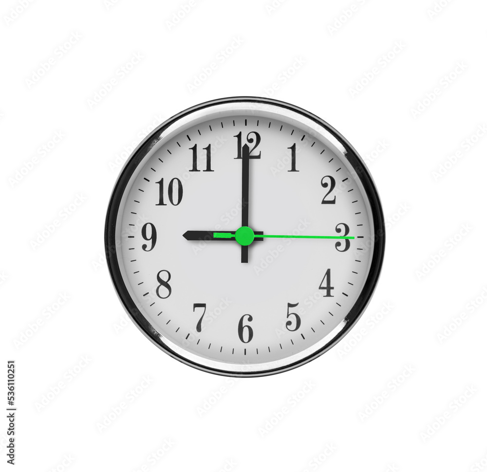 White wall clock isolated on white background. Nine at the clock of the day or night. White wall clock isolated on white background. Nine at the clock of the day or night.