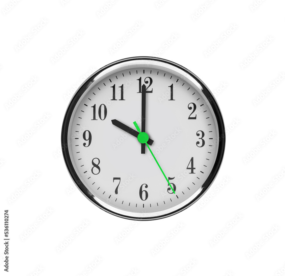 White wall clock isolated on white background. Ten o'clock in the afternoon or night. White wall clock isolated on white background. Ten o'clock in the afternoon or night.