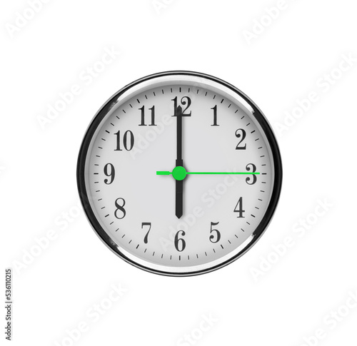 White wall clock isolated on white background. Six o'clock in the afternoon or night.