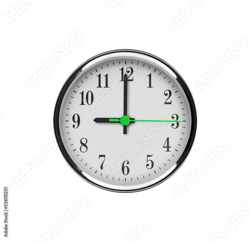 White wall clock isolated on white background. Nine at the clock of the day or night.