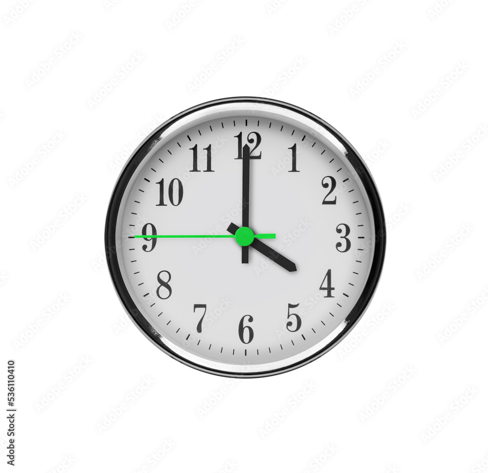 White wall clock isolated on white background. Four o'clock in the afternoon or night. White wall clock isolated on white background. Four o'clock in the afternoon or night.
