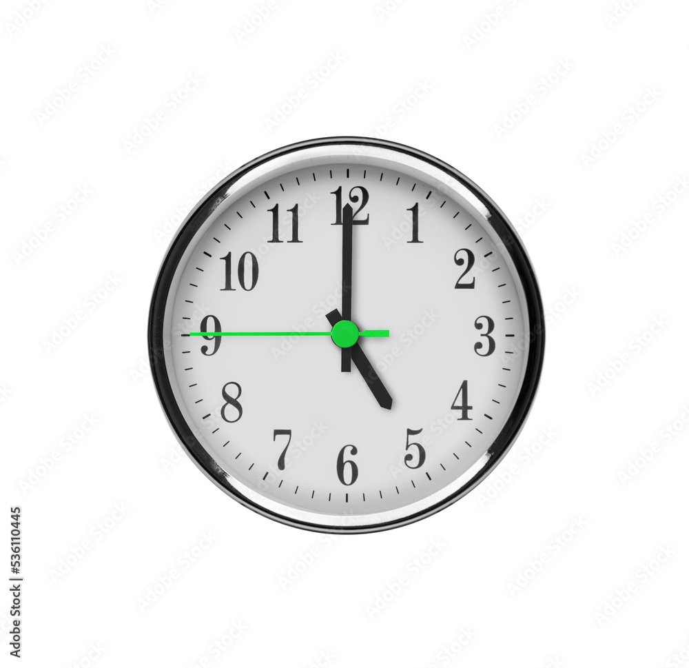 White wall clock isolated on white background. Five o'clock in the afternoon or night. White wall clock isolated on white background. Five o'clock in the afternoon or night.