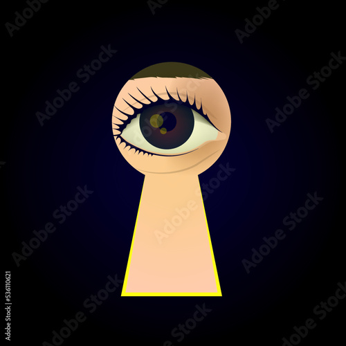 An eye looking through a keyhole. Vector illustration