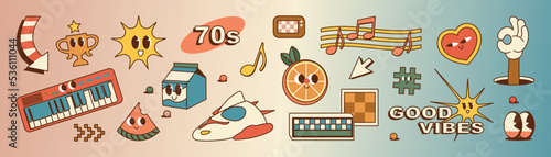 Set of groovy element vector on gradient background. Collection of cute characters, trophy, sun, smile face, good vibe, milk box, eletone, rocket, heart, fruit. Design for decorative, sticker, prints.