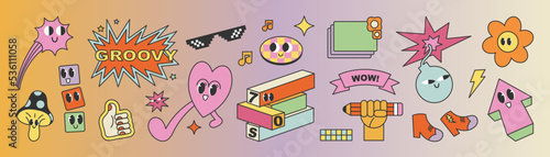 Set of groovy element vector on gradient background. Collection of 70s style cute characters, glasses, smile face, mushroom, pencil, arrow, bomb, flower, heart. Design for decorative, sticker, print.