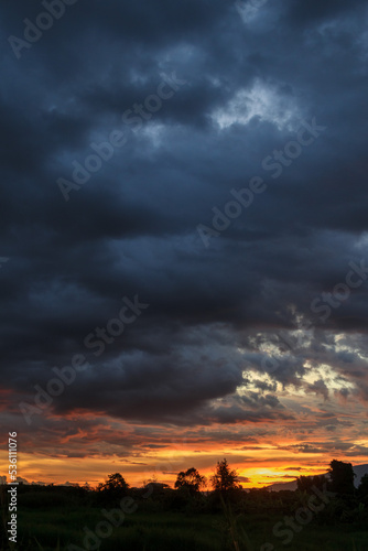 view of clouds in sky that were forming during rainy season before thunderstorm made sky look dark and cloudy. Background of clouds in sky in rainy season and Copy Space for adding text to design.