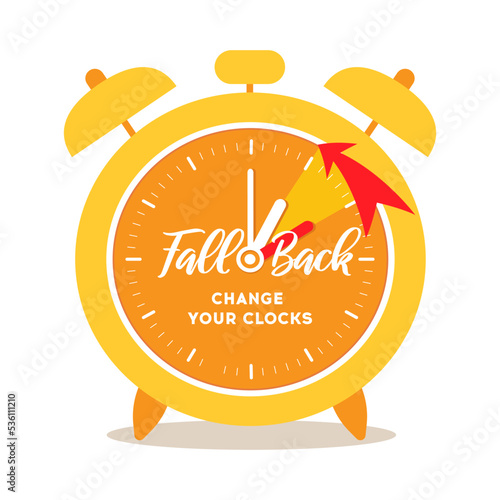 Fall Back time banner. Big orange alarm clock with example of changing arrow an hour back. Daylight Saving Time Ends, change clocks one hour back to winter time.