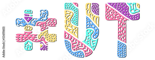 UT Hashtag. Multicolored bright isolate curves doodle letters. Hashtag #UT is abbreviation for the US American state Utah for social network, web resources, mobile apps.