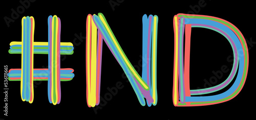 ND Hashtag. Multicolored bright isolate curves doodle letters like from marker, oil paint. #ND is abbreviation for the USA state North Dakota for social network, web resources, mobile apps.