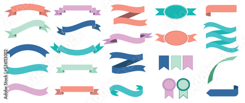 Set of ribbons element vector. Collection of flat, curve, wavy, colorful ribbons on white background. Illustration design suitable for decorative, banner, sticker, prints, artwork, card, documents.