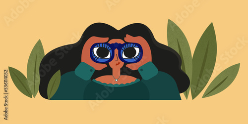 Illustration, a girl looks through the big binoculars through the leaves. 