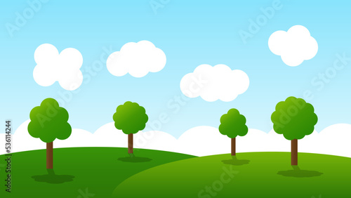 landscape cartoon scene with green trees on hills and white cloud in blue sky background 