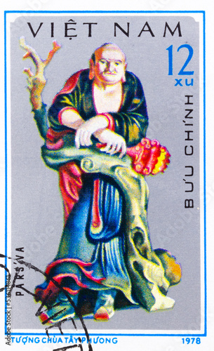 Postage stamp  Parsva  printed in Vietnam. Series   Statues in Tay Phuong pagoda   1978