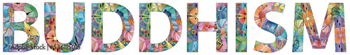 BUDDHISM in the style of abstract hand drawing. Letters with ornament