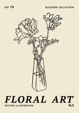 Vector illustration - ink floral posters with freesia flowers in vase. Art for for prints, wall art, banner, background.