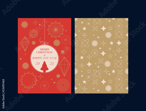 Vector set of modern Merry Christmas greetings cards with traditional christmas decoration.