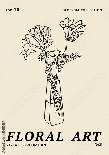 Vector illustration - ink floral posters with freesia flowers in vase. Art for for prints, wall art, banner, background.