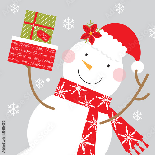 snowman with christmas gifts greeting card design