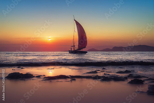sail boat  in Seascape at sunset with blurred calm  water sea 