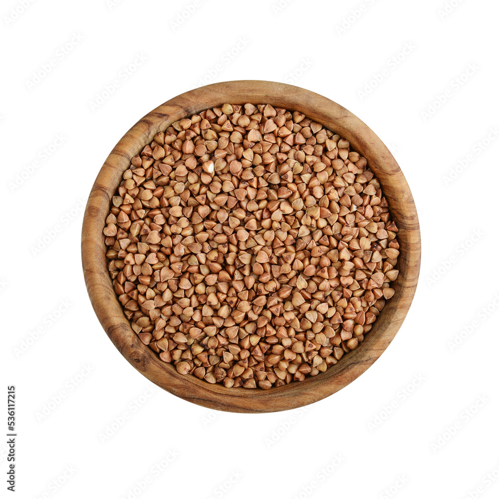 Raw buckwheat in wooden bowl Raw buckwheat in wooden bowl