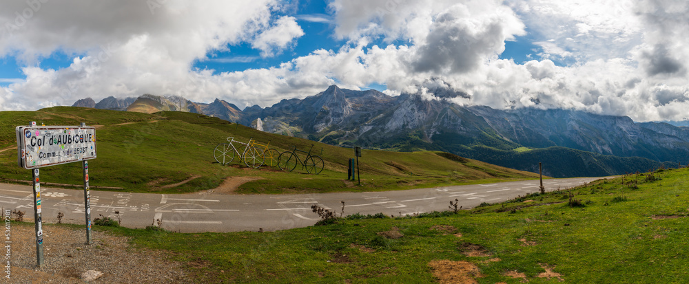 Panorama of the Col d'Aubisque, in the French Pyrenees massif, symbol of the Tour de France, in Béarn, France
