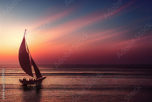 sail boat  in Seascape at sunset with blurred calm  water sea