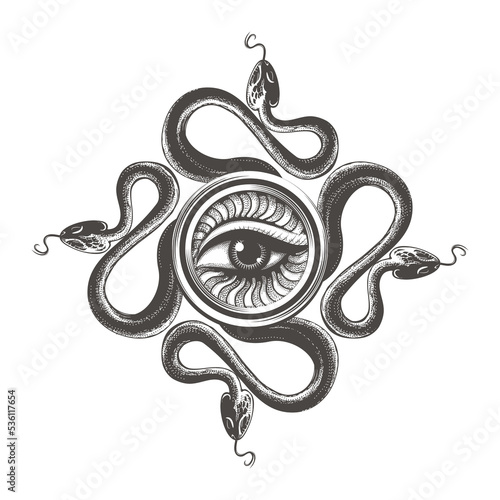 All Seeing Eye of Wisdom and Cross of Snakes Esoteric Medieval Tattoo