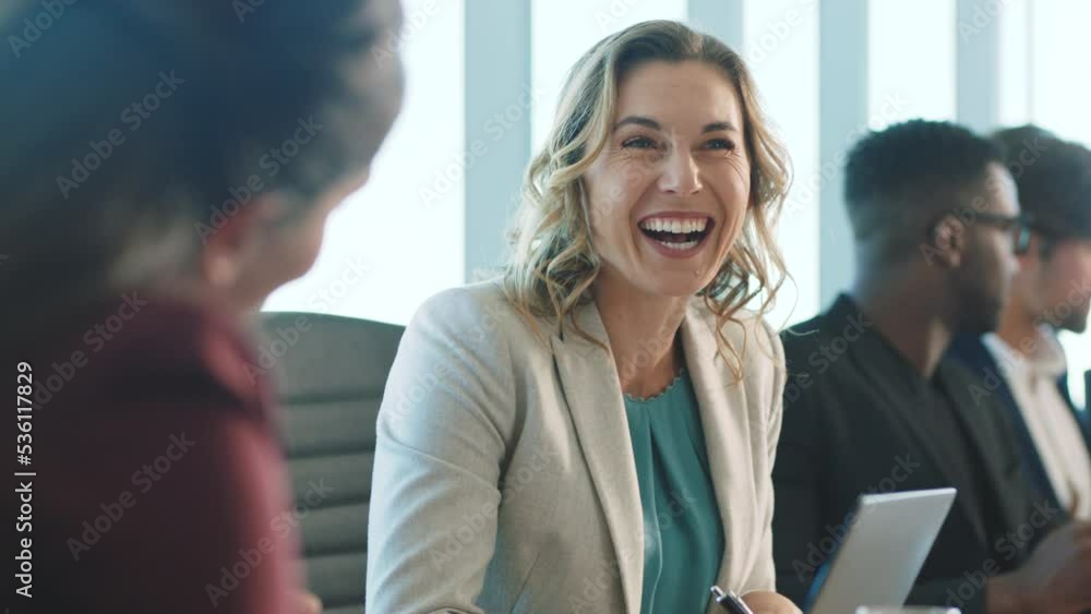 Business woman, talking and laughing in modern office, global meeting and company boardroom workshop. Smile, happy and comic corporate worker in teamwork collaboration or conference strategy planning Business woman, talking and laughing in modern office, global meeting and company boardroom workshop. Smile, happy and comic corporate worker in teamwork collaboration or conference strategy planning
