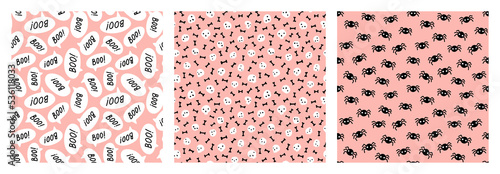 Pastel Halloween pattern set with black and white skulls, bones, spiders and speech bubbles on pink background.