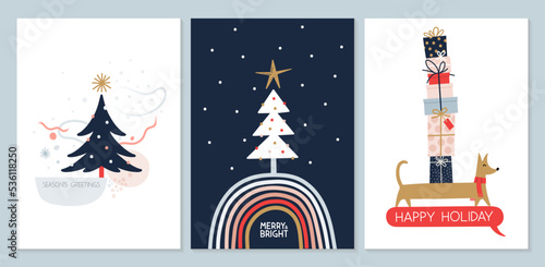 Merry Christmas and a happy new year! Vector illustrations for the winter holidays: cute Christmas Tree and a Dog carrying a pile of wrapped Gifts