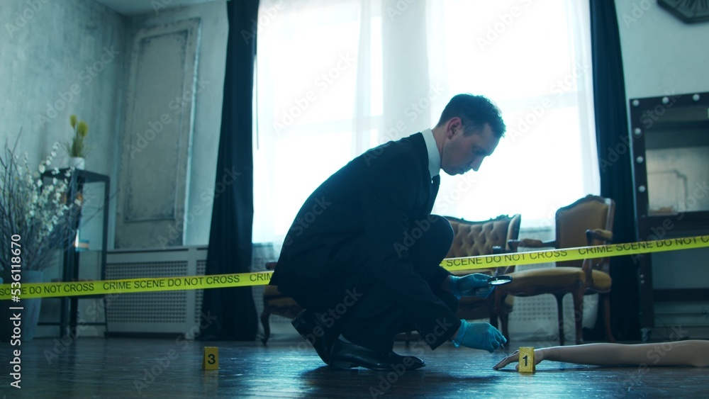 Detective Collecting Evidence in a Crime Scene. Forensic Specialists Making Expertise at Home of a Dead Person. Homicide Investigation by Professional Police Officer. Detective Collecting Evidence in a Crime Scene. Forensic Specialists Making Expertise at Home of a Dead Person. Homicide Investigation by Professional Police Officer.