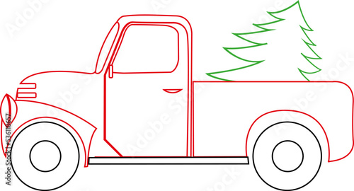 Postcard or poster of a retro auto pickup truck with a Christmas tree in vintage style. New Year. Christmas.