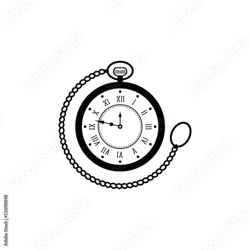 black Old pocket watch with chain vector illustration logo design