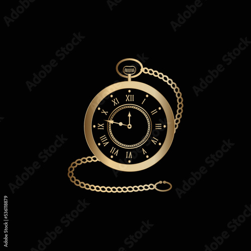 Gold Old pocket watch with chain vector illustration logo design
