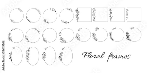 Big set of geometric vector floral frames. Borders decorated with hand drawn delicate flowers, branches, leaves, blossom. Vector illustration