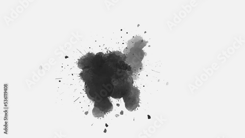 Ink splatters transition animation. Ink brush stroke transition. Abstract inkblot, splat, fluid art, overlay, alpha matte composition. ink spills onto white paper. ink slow motion transition reveal. photo