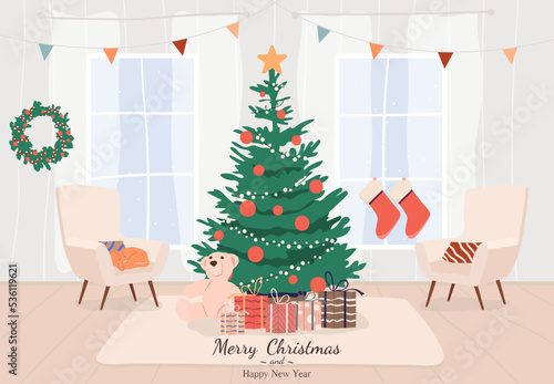 A cozy living room with armchairs and panoramic windows with a Christmas decorated tree and gifts. Flat style vector illustration