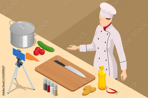 Isometric Chef Cook Recording Video On Camera at Kitchen. Chief In White Uniform, Food Blogger or Cooking Video Blog. Online Cooking Chef Courses.