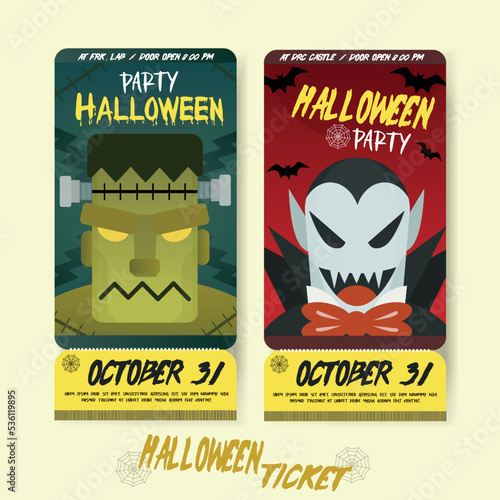 Set of Halloween Party Tickets with Dracular and Frankenstein. Event admission or entrance ticket layout. Design for Invitation card, Greeting card, Banner, Advertisement, website cover.  photo