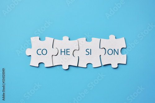 Puzzles with the inscription: cohesion. A symbol of the unity of people photo