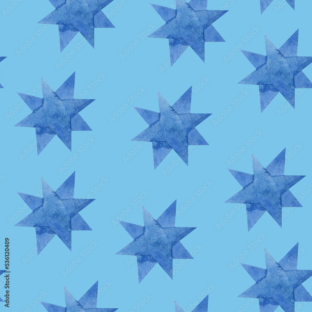 Watercolor seamless pattern. Blue stars on a pale blue background. Trendy style for design of newborn boy's room, children's room, greeting card, wrapping paper, linen, pyjamas, winter background Watercolor seamless pattern. Blue stars on a pale blue background. Trendy style for design of newborn boy's room, children's room, greeting card, wrapping paper, linen, pyjamas, winter background