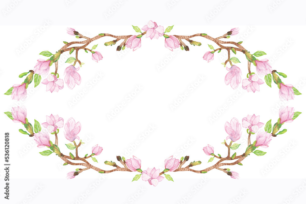 Watercolor hand painted nature floral wreath frame with pink magnolia flowers and green leaves on brown branch composition on the white background with space for text
