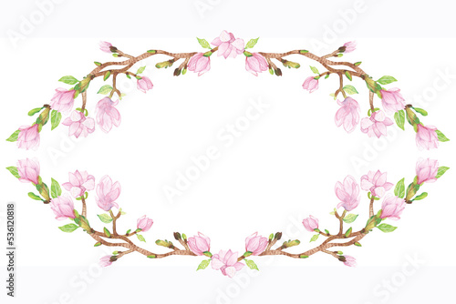 Watercolor hand painted nature floral wreath frame with pink magnolia flowers and green leaves on brown branch composition on the white background with space for text