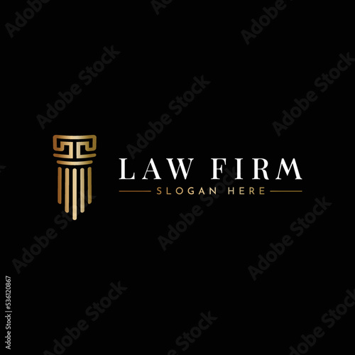 Creative Gold pillar Law firm  Concept Logo Design Template, Scales Symbol for Justice, Law Offices, Attorney services, lawyer, logo design inspiration.