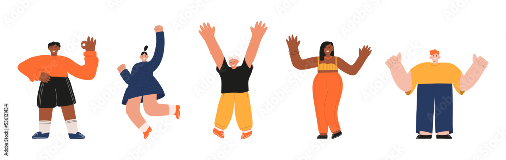 Set of happy people. People expressing joyful, positive emotions. Ok sign, clenched fist, thumbs up. Men and women of different nationalities isolated on a background. Flat cartoon vector illustration