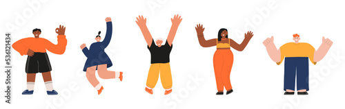 Set of happy people. People expressing joyful, positive emotions. Ok sign, clenched fist, thumbs up. Men and women of different nationalities isolated on a background. Flat cartoon vector illustration © Bansen